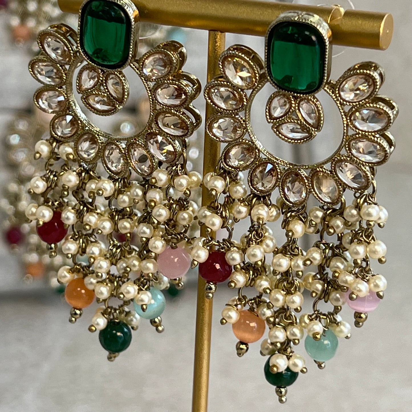 Green Multicolour Crystal Earrings/ Fashion Jewellery/ Gift for Women/Indian/Pakistani style/ Mendhi Party/ Haldi/ Colourful