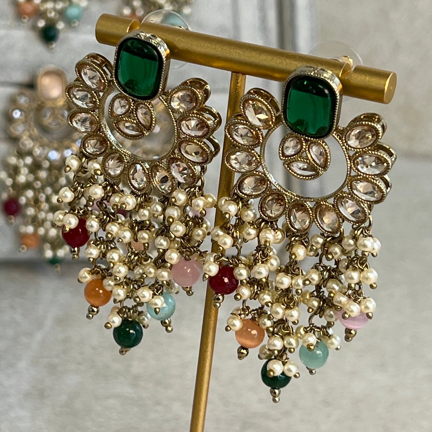 Green Multicolour Crystal Earrings/ Fashion Jewellery/ Gift for Women/Indian/Pakistani style/ Mendhi Party/ Haldi/ Colourful