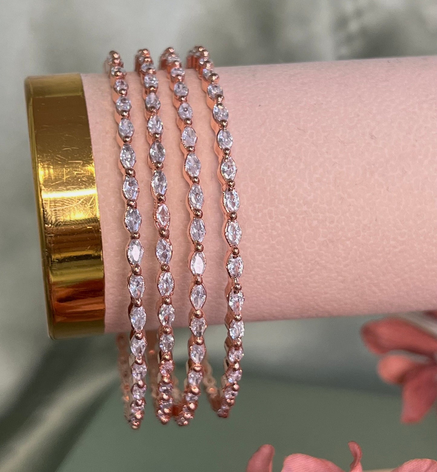 Set of 8 Slim Rose Gold Zircon Bangles/Rose gold/ Indian/ Pakistani/Jewelley/Bridal Bangles/Fashion Bracelet