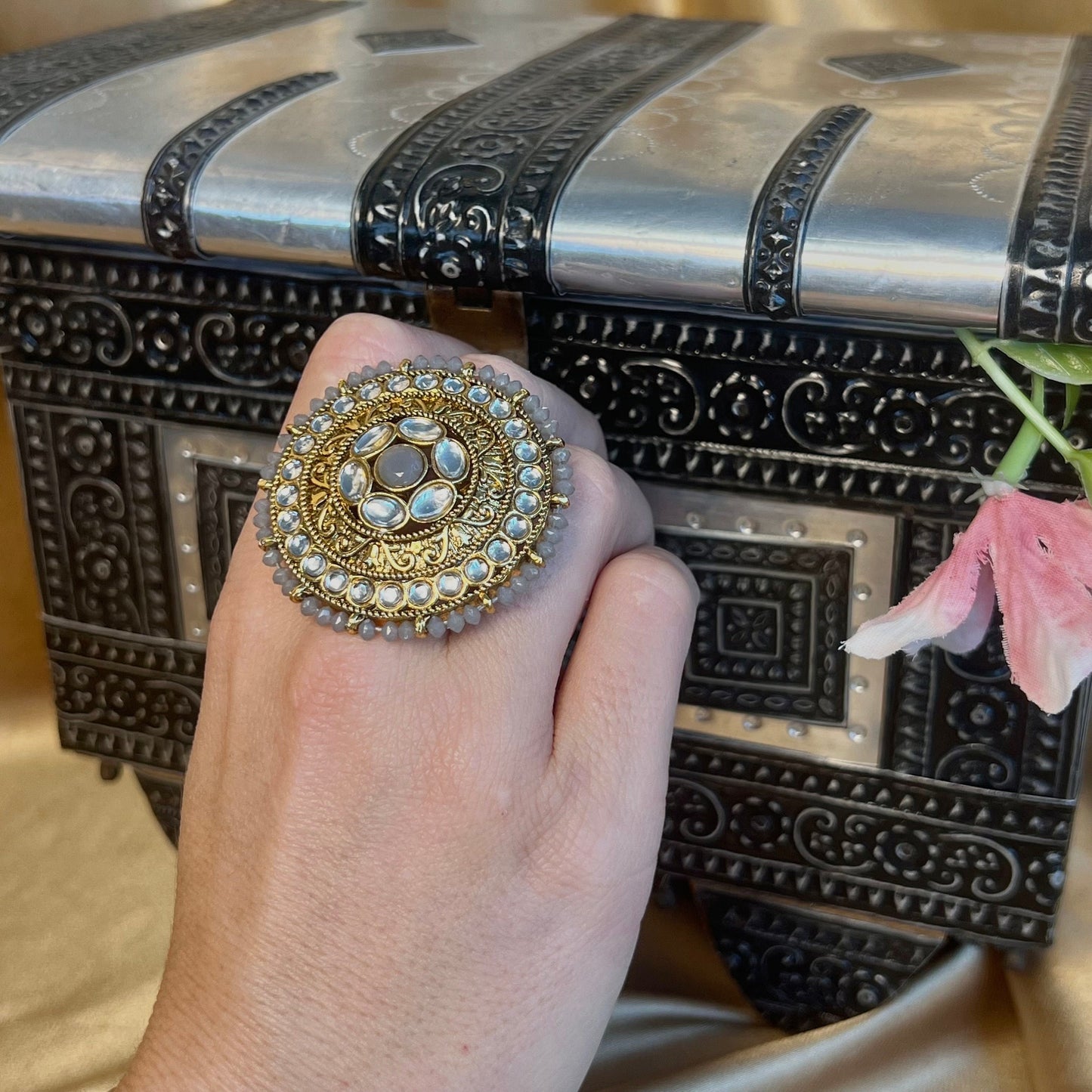 Large Grey Faux Kundan Ring/Fashion Jewellery/ Gift for Women/Indian/Pakistani style