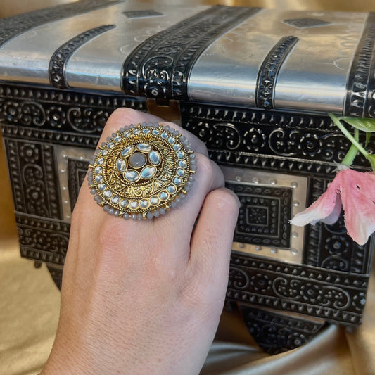 Large Grey Faux Kundan Ring/Fashion Jewellery/ Gift for Women/Indian/Pakistani style