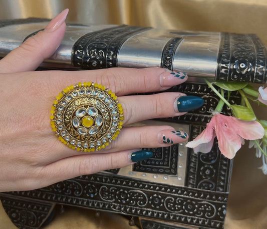 Large Yellow Faux Kundan Ring /Fashion Jewellery/ Gift for Women/Indian/Pakistani style