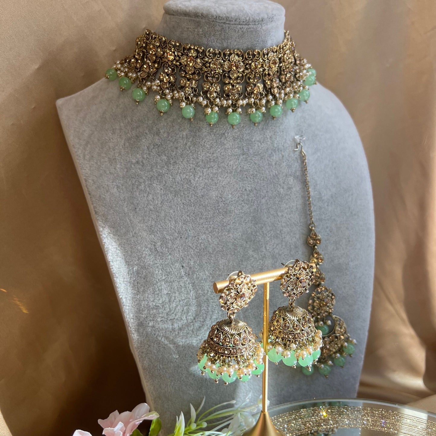 Mint Choker Set/Jhumka Earring/ Tikka/ Indian/ Pakistani/Fashion Jewellery/