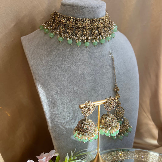 Mint Choker Set/Jhumka Earring/ Tikka/ Indian/ Pakistani/Fashion Jewellery/