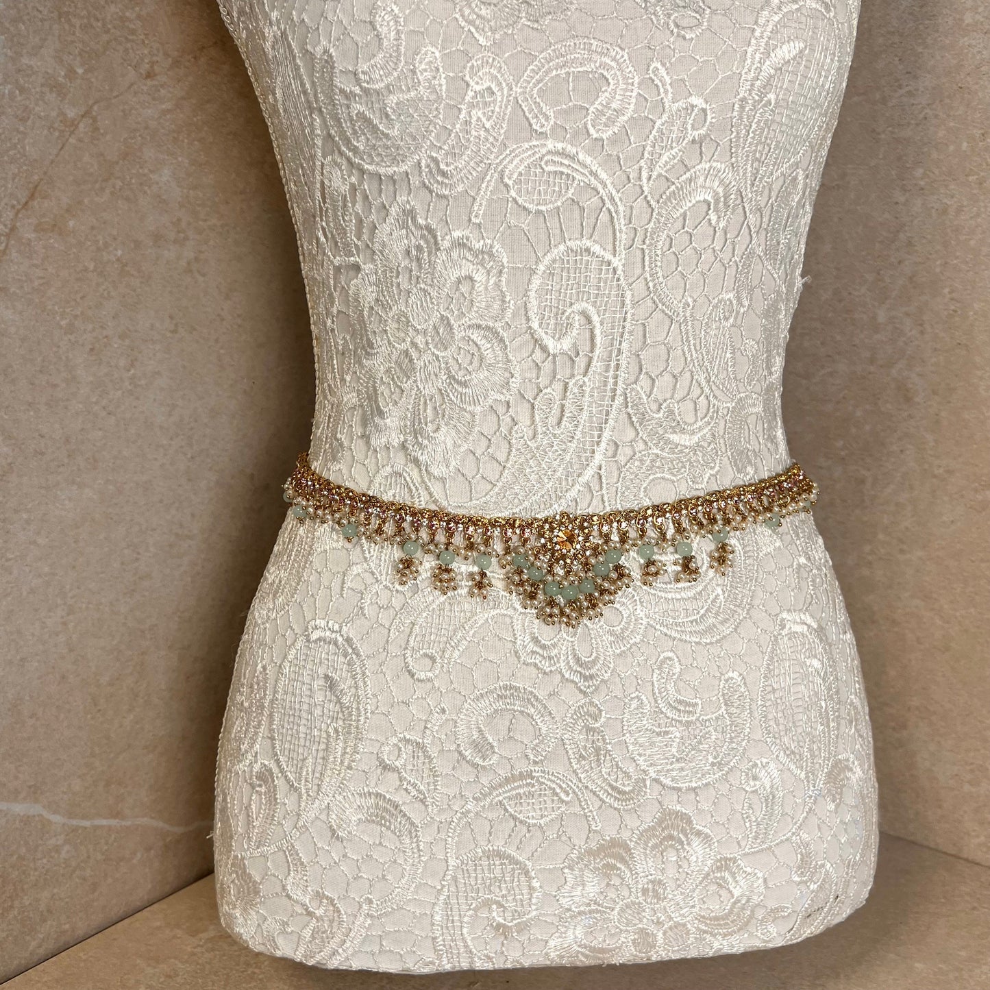 Pastel Pink, blue and gold. Long Mala/ Haar/ Long Necklace/ Waist chain/ Belt/ Sari Belt/ Unique Style/ Indian/ Pakistani/Fashion Jewellery