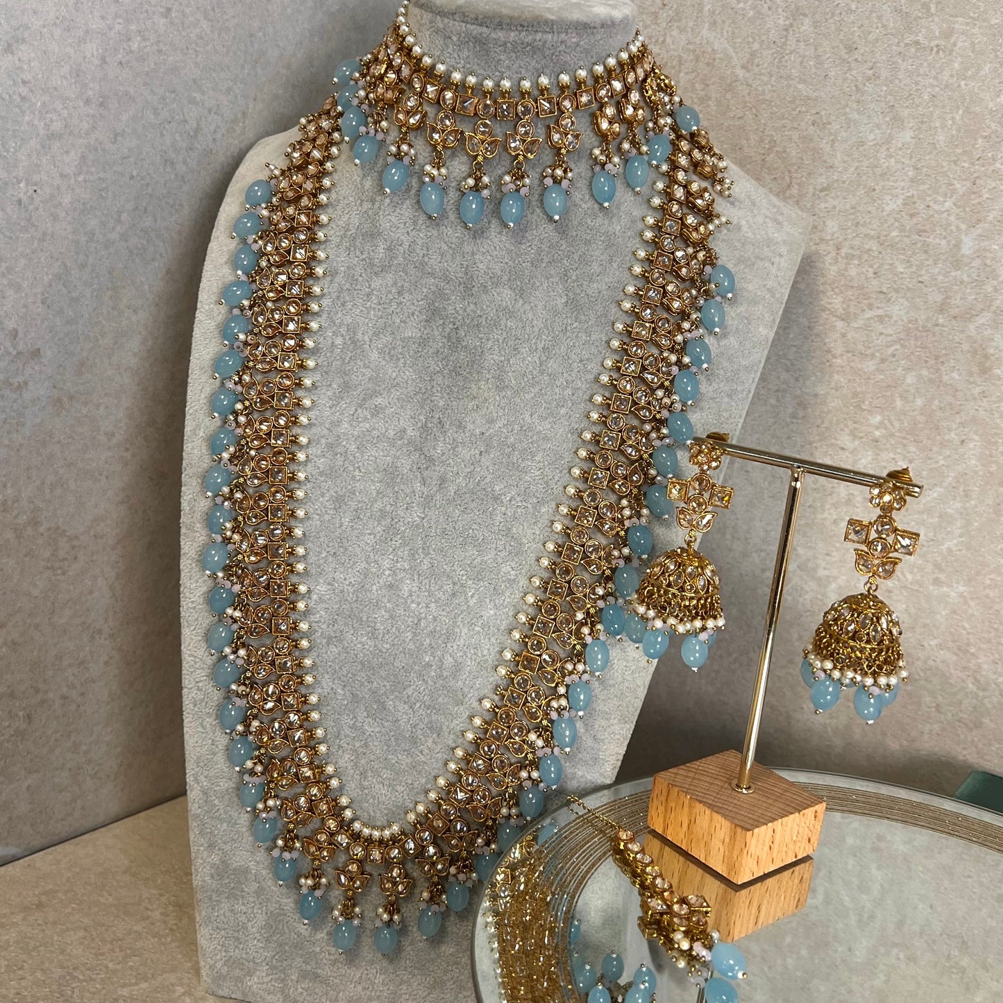 Light Blue Champagne Long Mala set with Choker,Jhumka Earring and Tikka/ Haar/ Long Necklace/ Unique Style/ Indian/ Pakistani Gift for Women