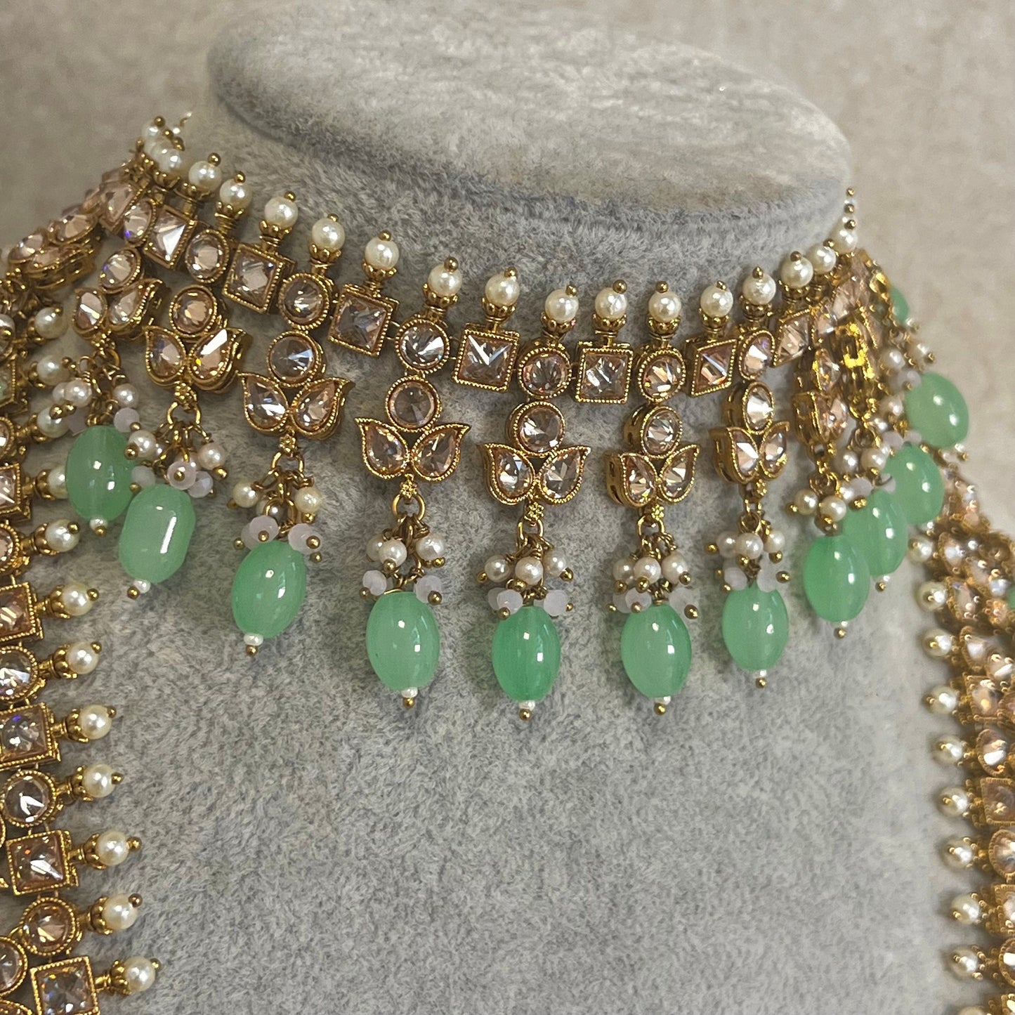 Mint Green Champagne Long Mala set with Choker,Jhumka Earring and Tikka/ Haar/ Long Necklace/ Unique Style/ Indian/ Pakistani Gift for Women