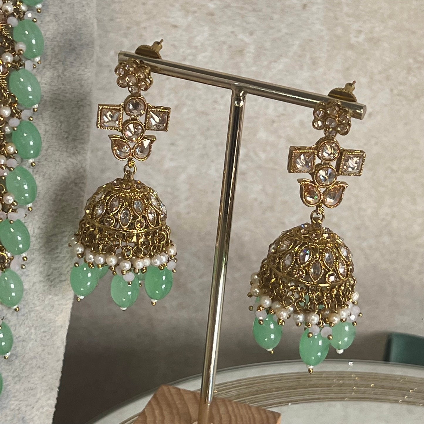 Mint Green Champagne Long Mala set with Choker,Jhumka Earring and Tikka/ Haar/ Long Necklace/ Unique Style/ Indian/ Pakistani Gift for Women