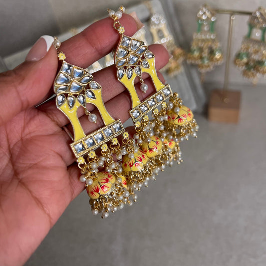 Yellow and Pink Meenakari Hand Painted 3 Jhumka Earring / Indian Style/Unique Fancy Jhumka Earrings - NAVRATRI SPECIAL