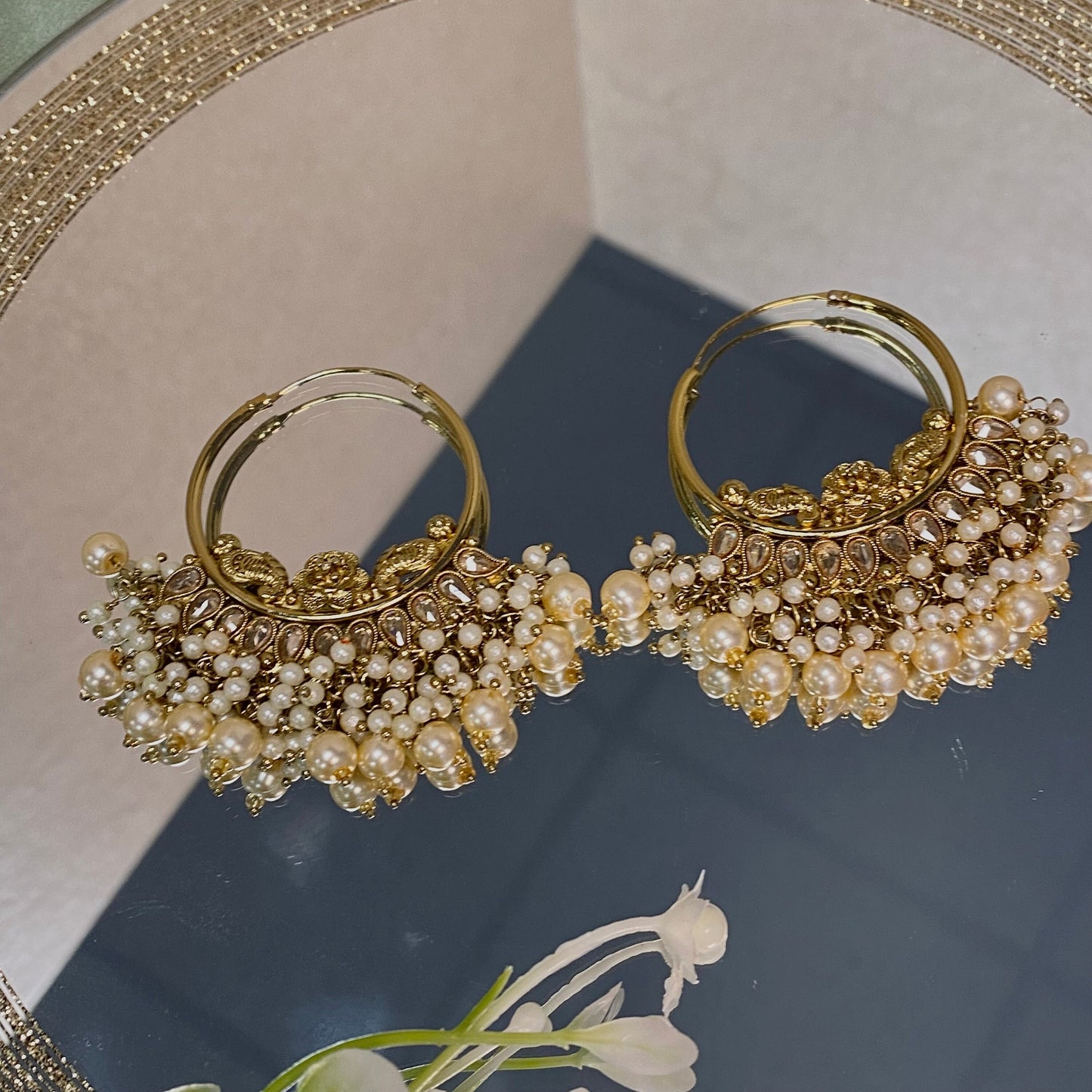 Golden Crystal/Pearl Hoop Indian Earrings/ Indian Style Earring/ Pierced Gold Earring/Valentines gifts
