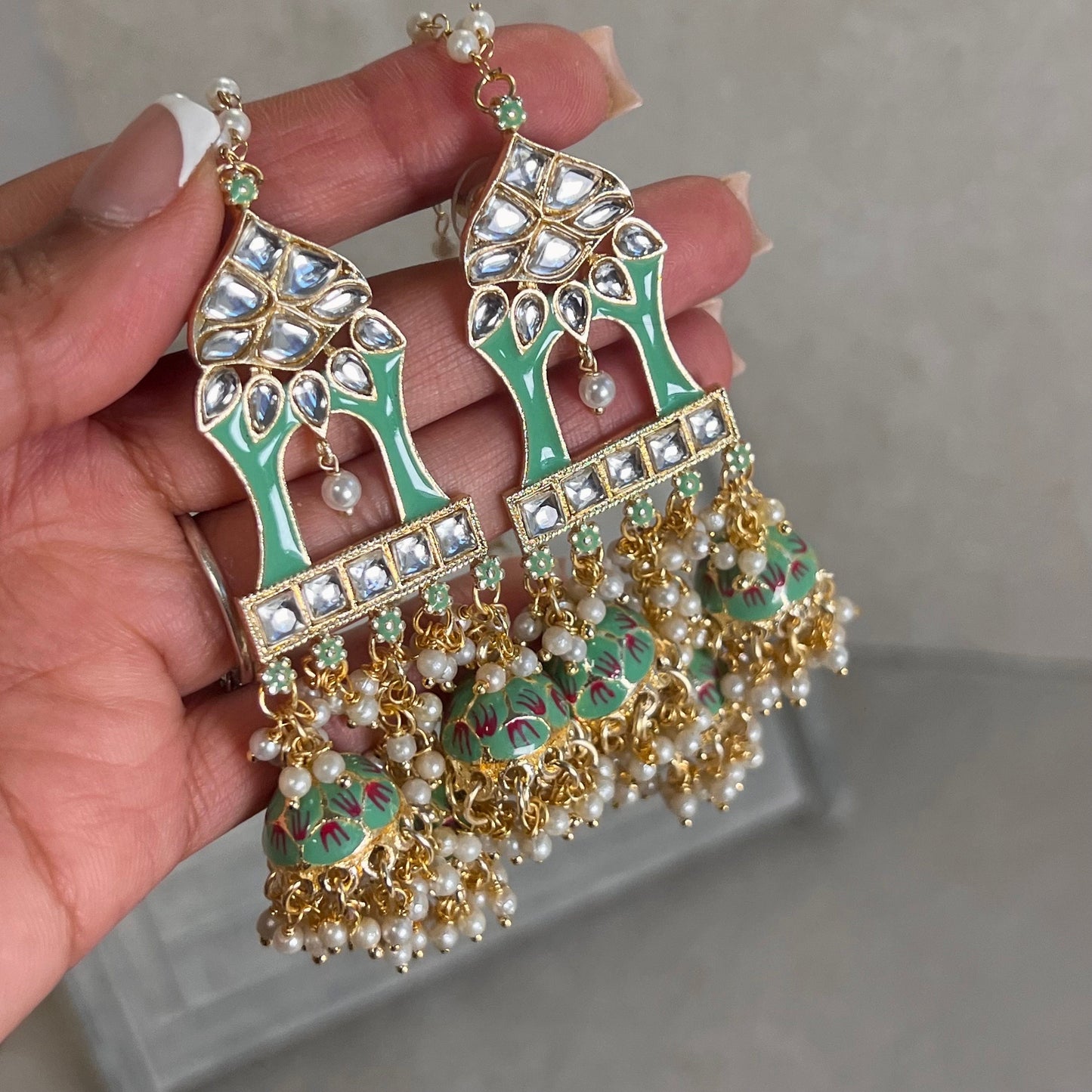 Mint Green/ Pista colour/ Meenakari Hand Painted 3 Jhumka Earring / Indian Style/Unique Fancy Jhumka Earrings - NAVRATRI SPECIAL