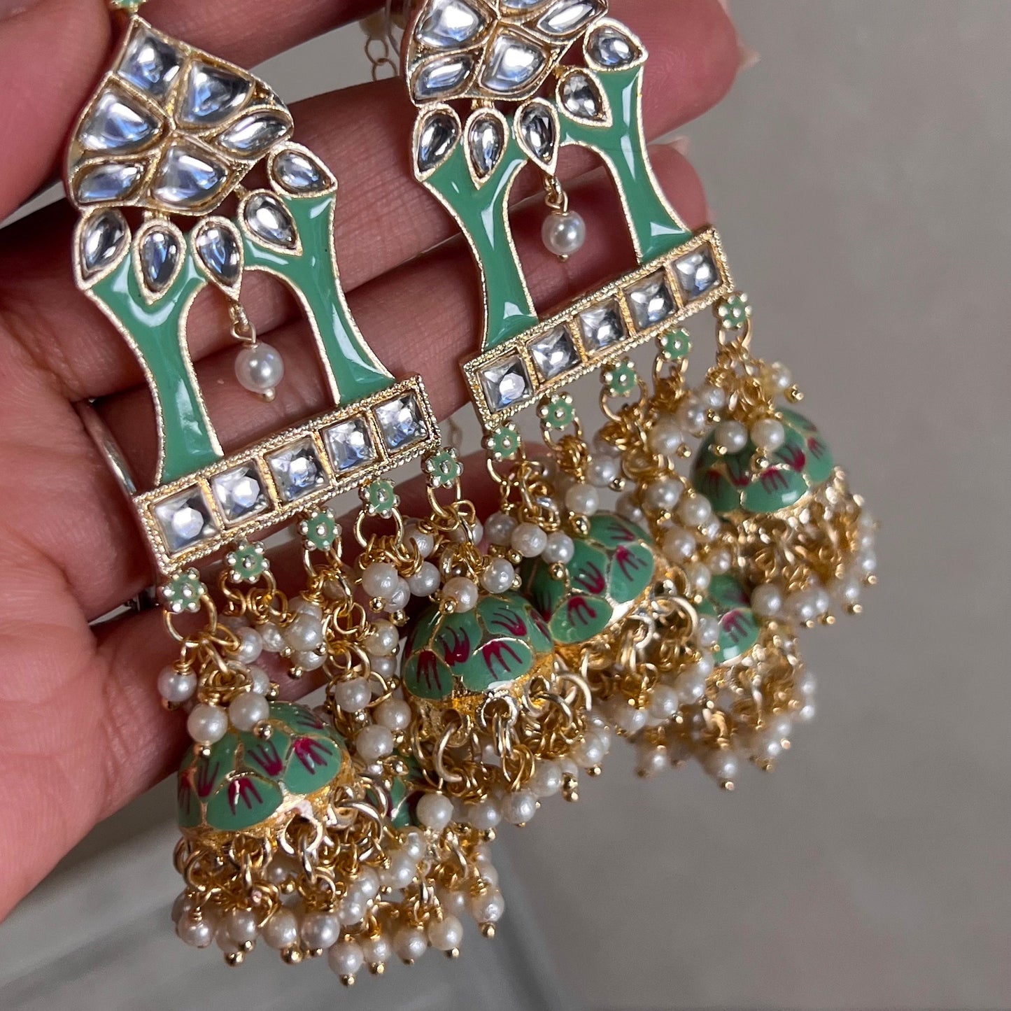 Mint Green/ Pista colour/ Meenakari Hand Painted 3 Jhumka Earring / Indian Style/Unique Fancy Jhumka Earrings - NAVRATRI SPECIAL