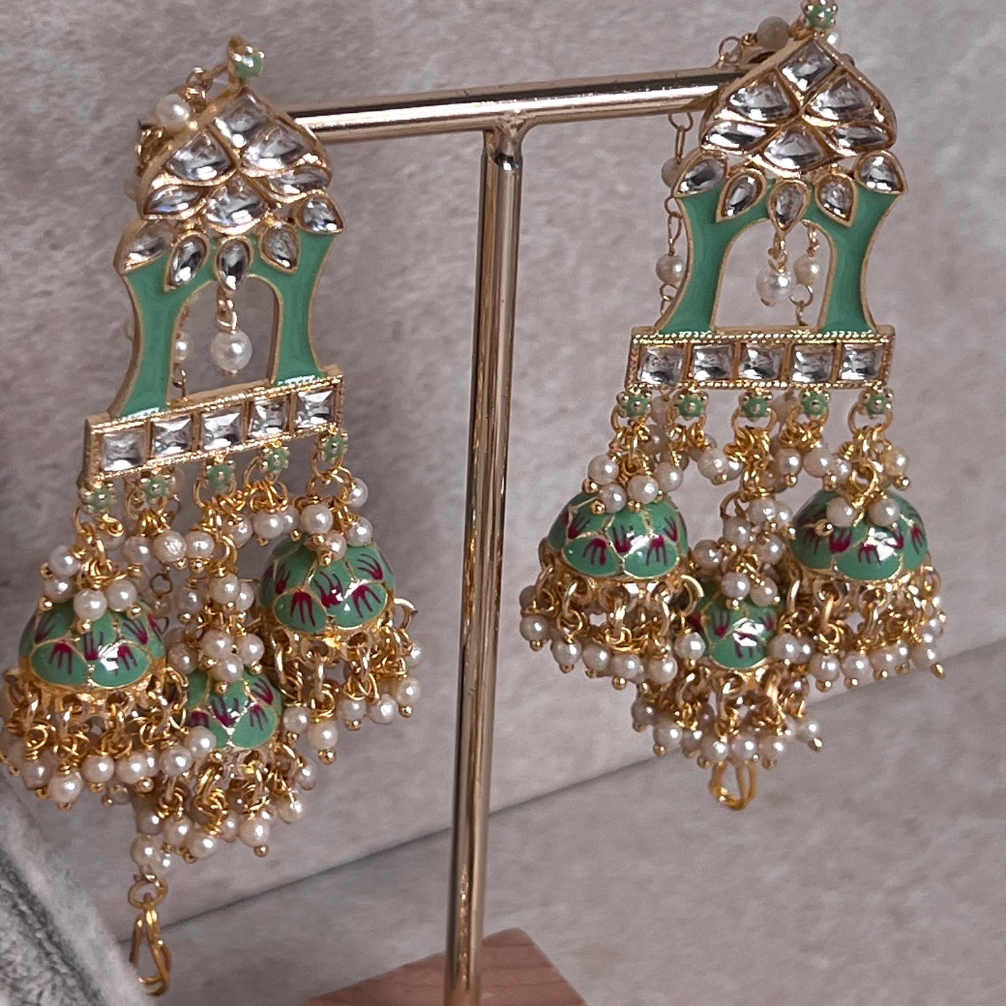 Mint Green/ Pista colour/ Meenakari Hand Painted 3 Jhumka Earring / Indian Style/Unique Fancy Jhumka Earrings - NAVRATRI SPECIAL