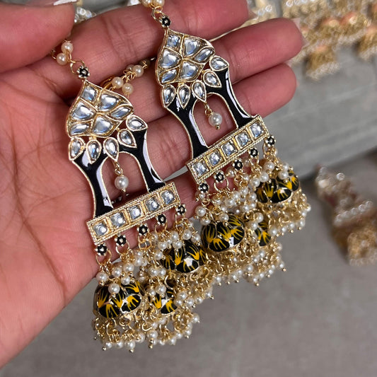 Black and Yellow Meenakari Hand Painted 3 Jhumka Earring / Indian Style/Unique Fancy Jhumka Earrings - NAVRATRI SPECIAL