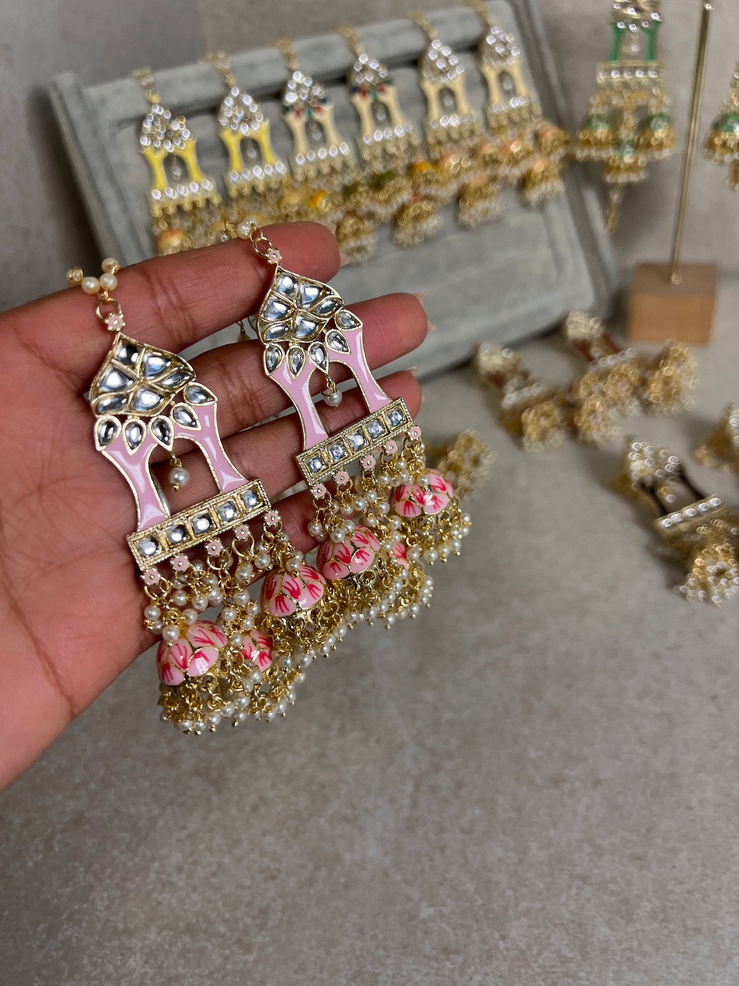 Light Pink Meenakari Hand Painted 3 Jhumka Earring / Indian Style/Unique Fancy Jhumka Earrings - NAVRATRI SPECIAL