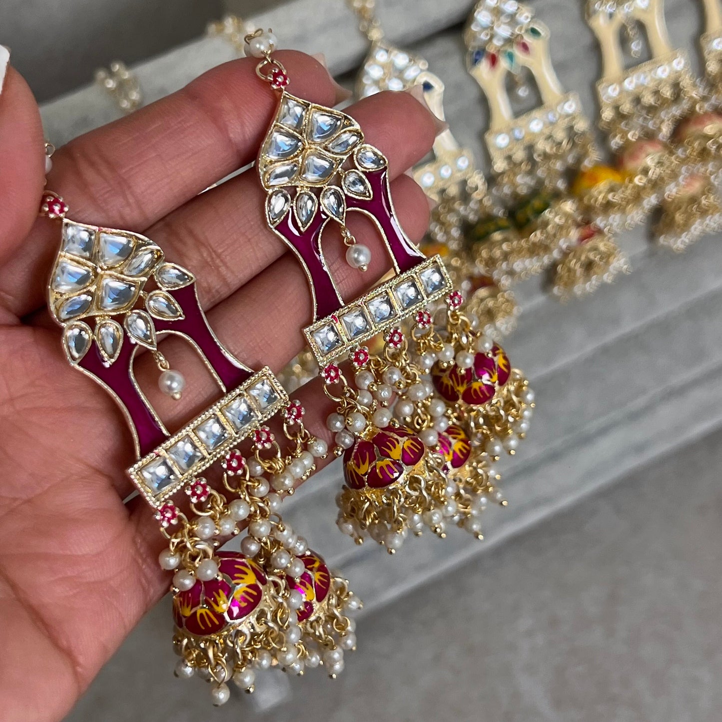 Maroon and Yellow Meenakari Hand Painted 3 Jhumka Earring / Indian Style/Unique Fancy Jhumka Earrings - NAVRATRI SPECIAL