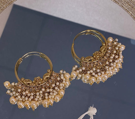 Golden Crystal/Pearl Hoop Indian Earrings/ Indian Style Earring/ Pierced Gold Earring/Valentines gifts