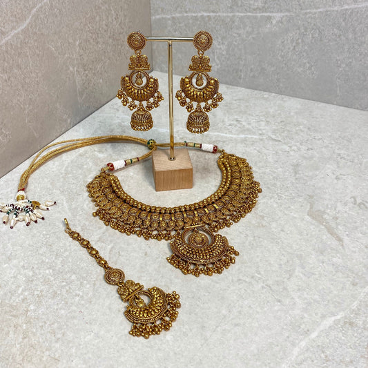 Antique Gold Temple Gold Set-Vintage Design Earring/ Tikka/ Tikli/ Indian/ Pakistani/Fashion Jewellery/ Gift for Women/ Asian Jewellery