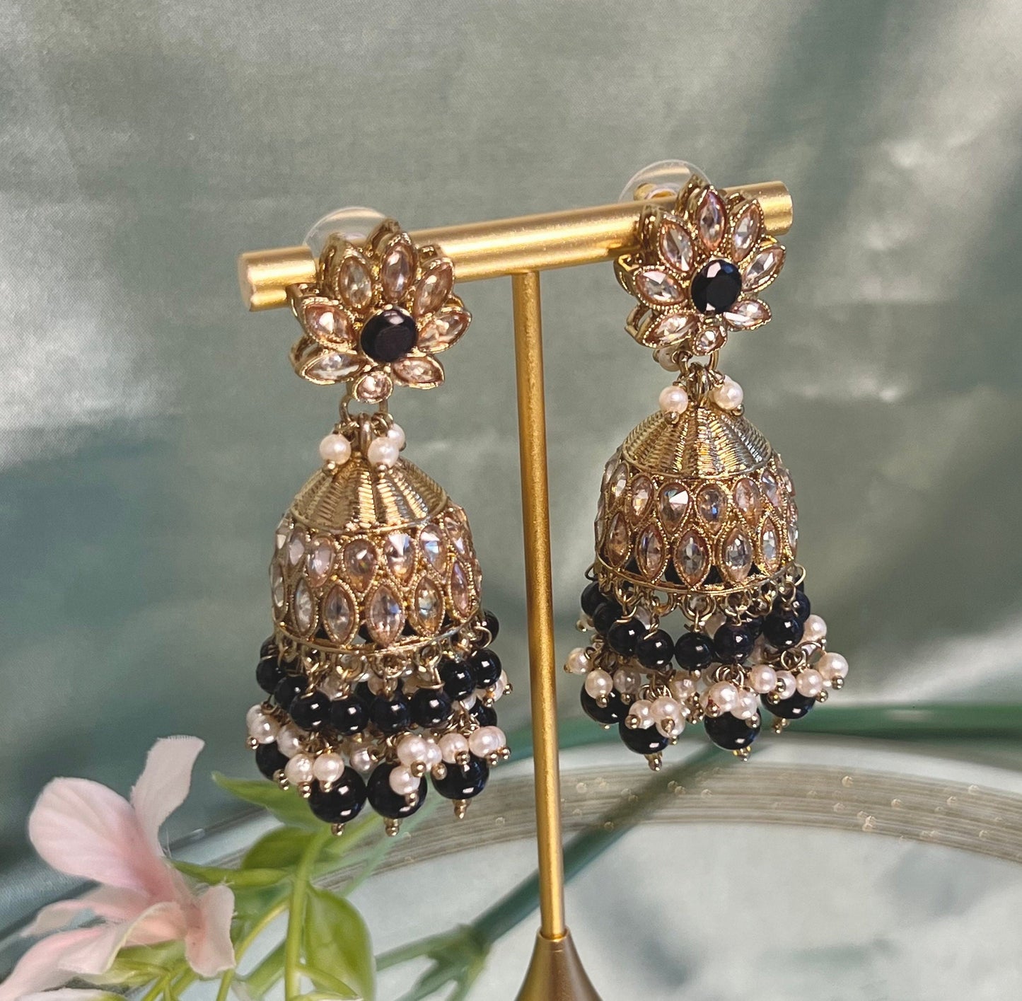 Medium Black Crystal Indian Jhumka Earrings/Jhumkis/ Fashion Jewellery/ Gift for Women/Indian/Antique Gold Earrings/Pakistani style