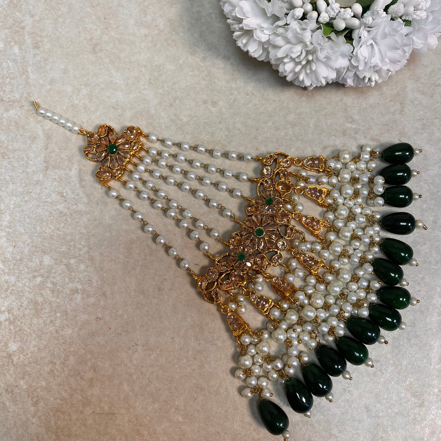 Extra Large Jhumar/Green/Gold Plated/Green Bead/Champagne zircon crystal/ Bright Gold/ Jhoomar / Passa/ Indian/ Pakistani Style/Head Piece