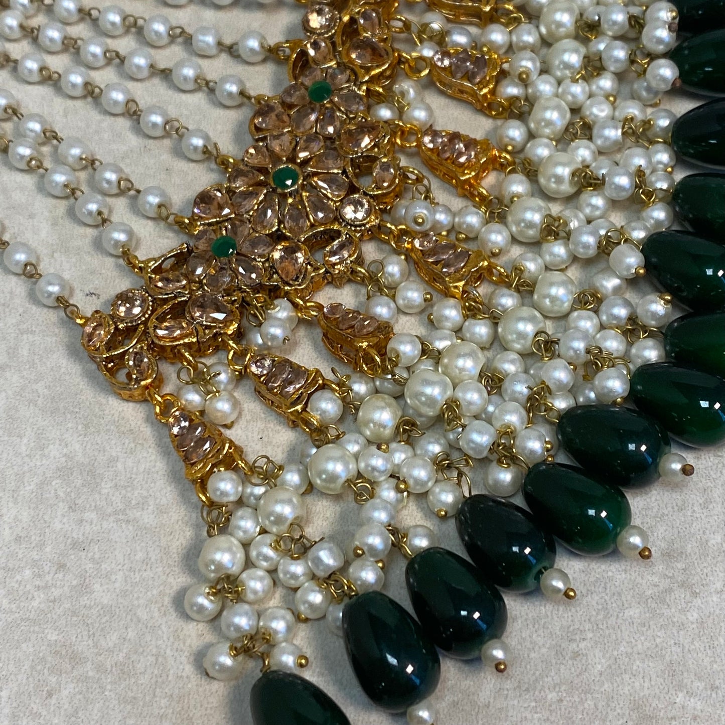 Extra Large Jhumar/Green/Gold Plated/Green Bead/Champagne zircon crystal/ Bright Gold/ Jhoomar / Passa/ Indian/ Pakistani Style/Head Piece