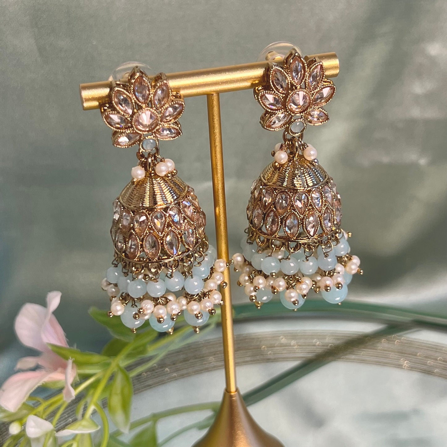 Medium Light Blue Crystal Indian Jhumka Earrings/Jhumkis/ Fashion Jewellery/ Gift for Women/Indian/Antique Gold Earrings/Pakistani style