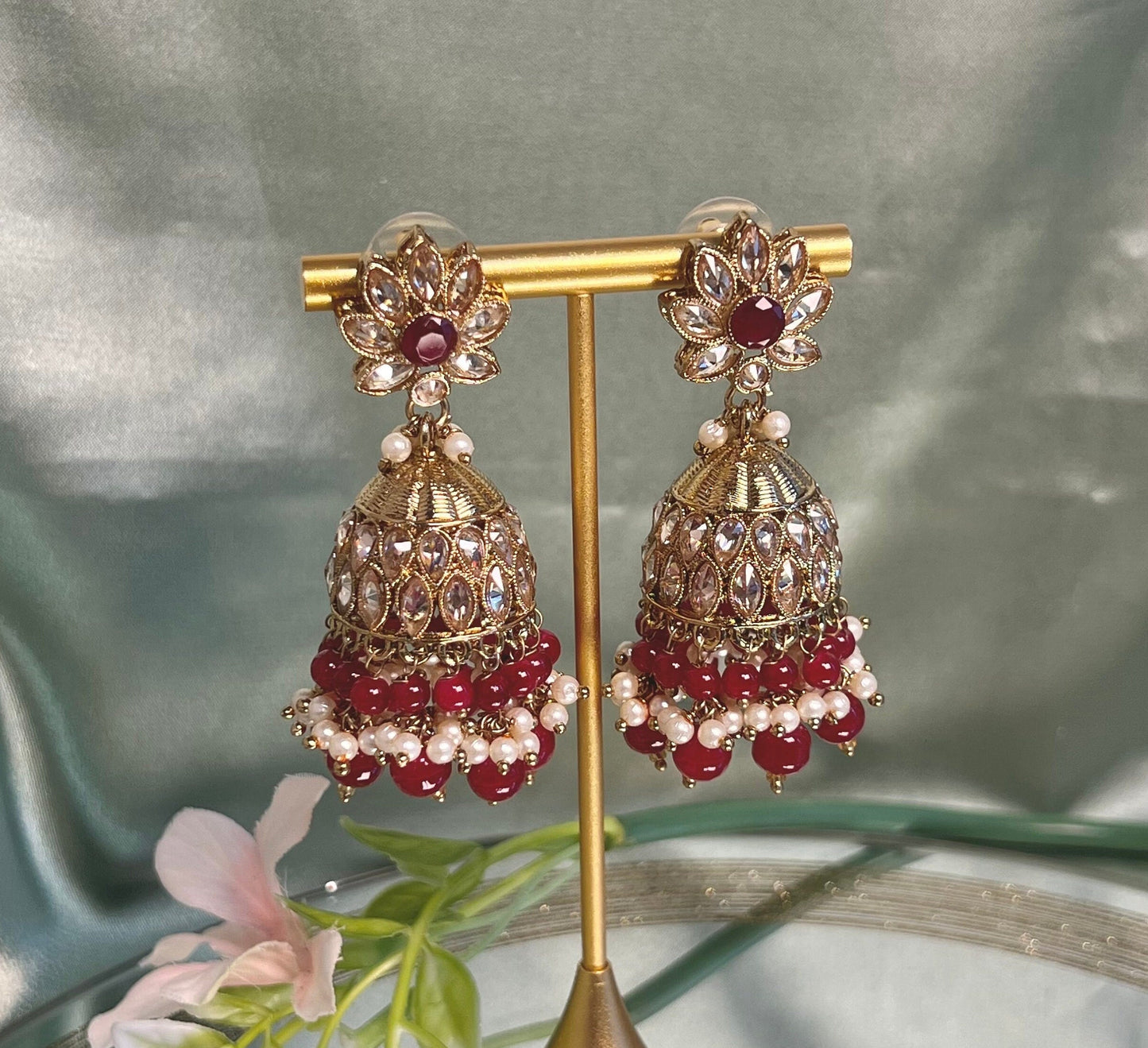Medium Maroon Crystal Indian Jhumka Earrings/Jhumkis/ Fashion Jewellery/ Gift for Women/Indian/Antique Gold Earrings/Pakistani style