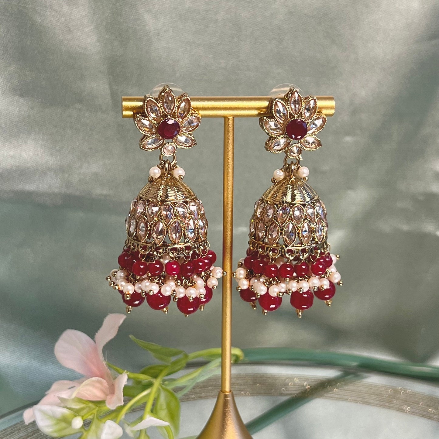 Medium Maroon Crystal Indian Jhumka Earrings/Jhumkis/ Fashion Jewellery/ Gift for Women/Indian/Antique Gold Earrings/Pakistani style