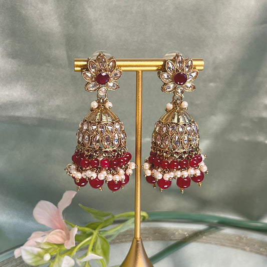 Medium Maroon Crystal Indian Jhumka Earrings/Jhumkis/ Fashion Jewellery/ Gift for Women/Indian/Antique Gold Earrings/Pakistani style