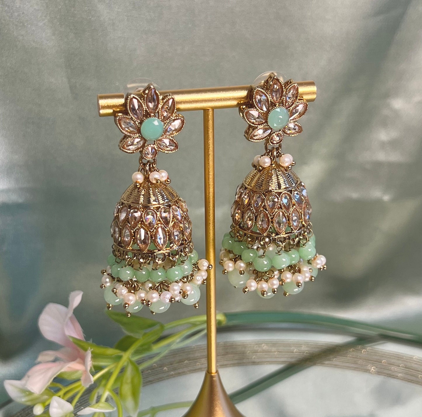 Medium Mint Crystal Indian Jhumka Earrings/Jhumkis/ Fashion Jewellery/ Gift for Women/Indian/Antique Gold Earrings/Pakistani style