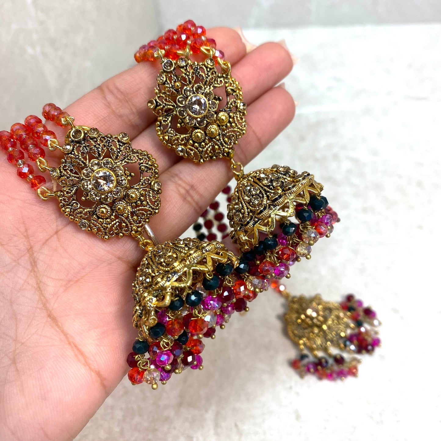 Gold Mendhi Multicolour Earrings and Tikka/Indian Mehendi Night Earrings/Fashion Jewellery/ Gift for Women/Indian/Pakistani style