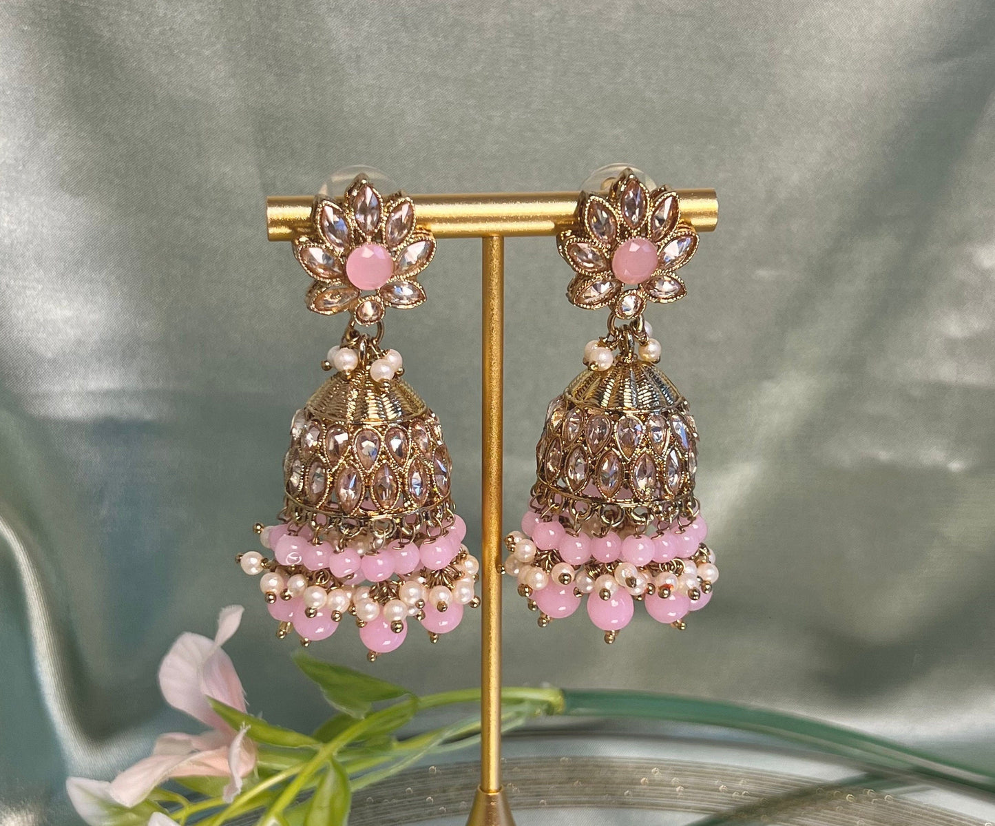 Medium Pink Crystal Indian Jhumka Earrings/Jhumkis/ Fashion Jewellery/ Gift for Women/Indian/Antique Gold Earrings/Pakistani style