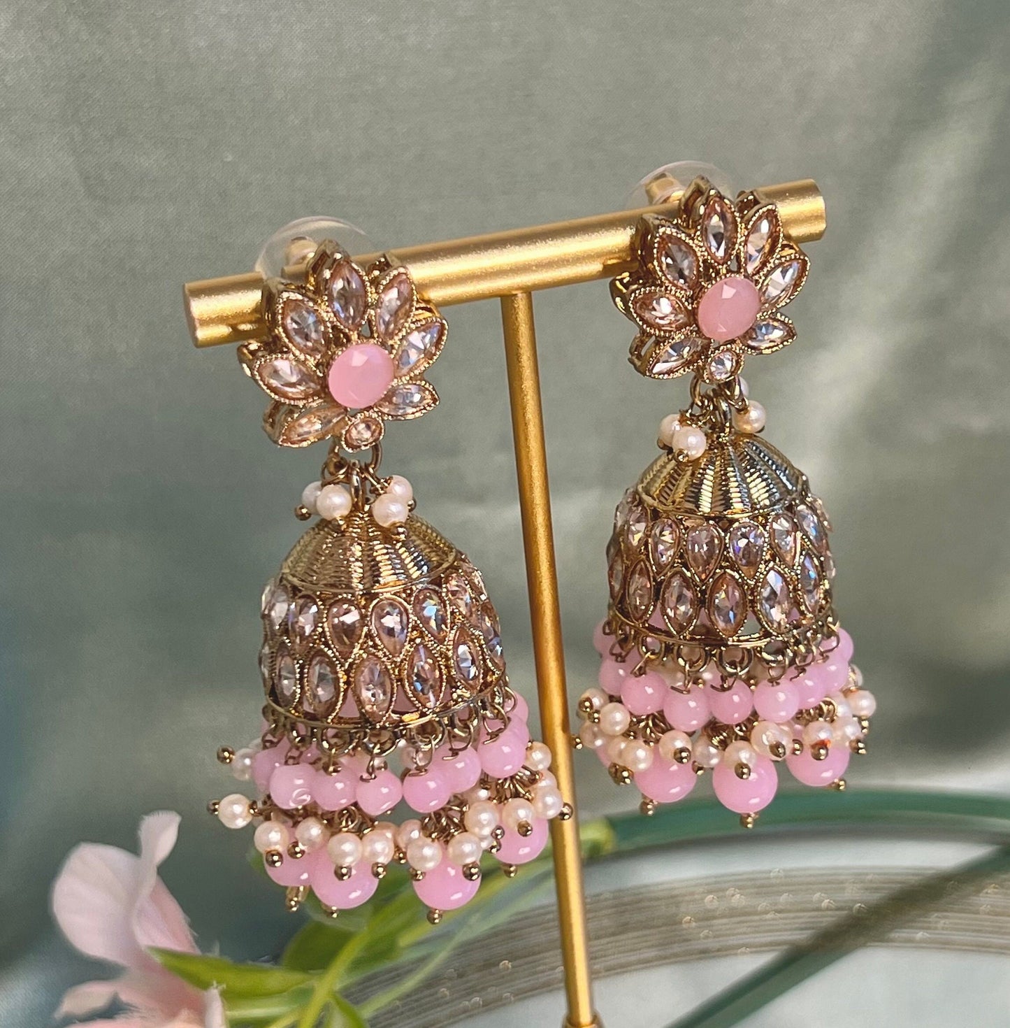 Medium Pink Crystal Indian Jhumka Earrings/Jhumkis/ Fashion Jewellery/ Gift for Women/Indian/Antique Gold Earrings/Pakistani style