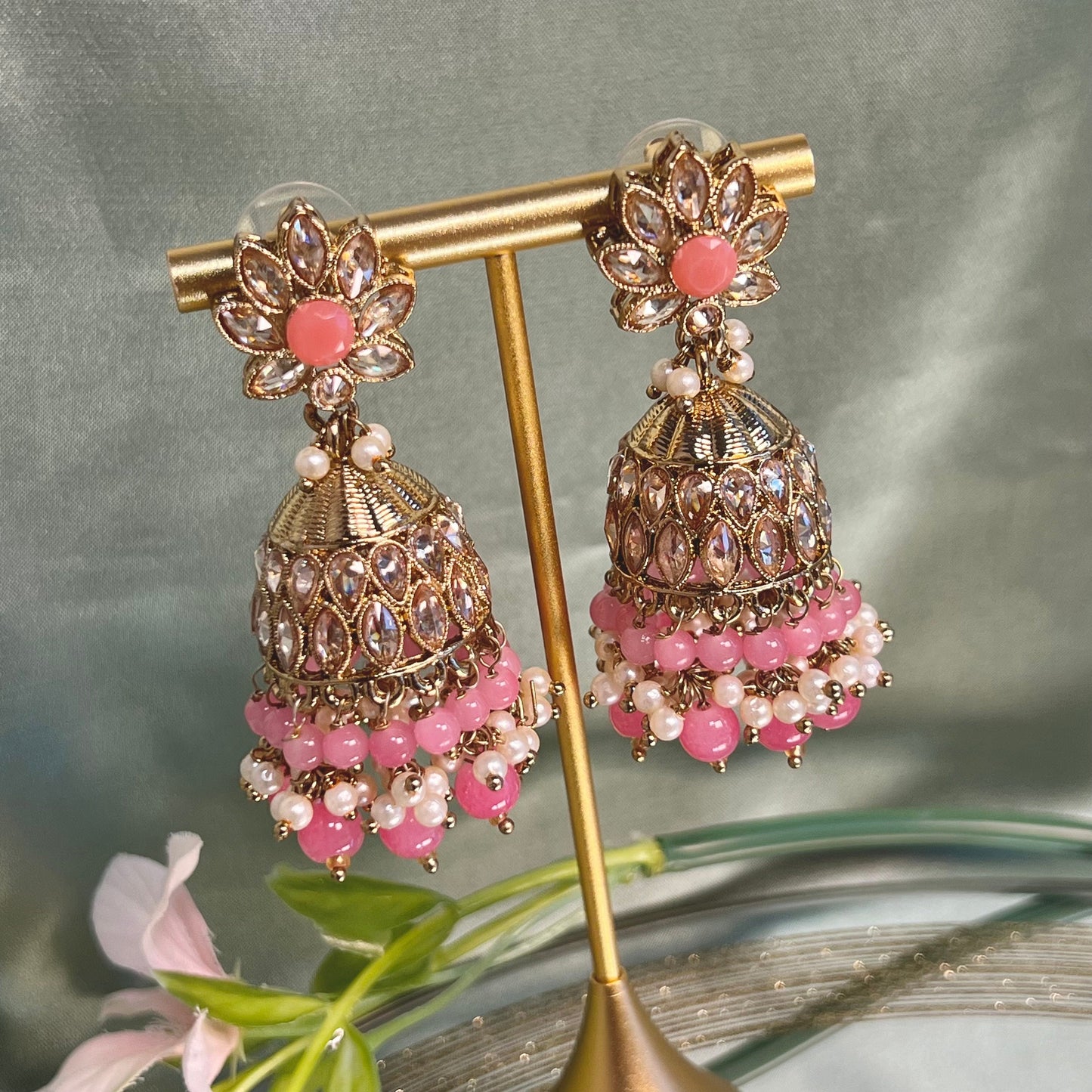 Medium Coral Crystal Indian Jhumka Earrings/Jhumkis/ Fashion Jewellery/ Gift for Women/Indian/Antique Gold Earrings/Valentines gifts