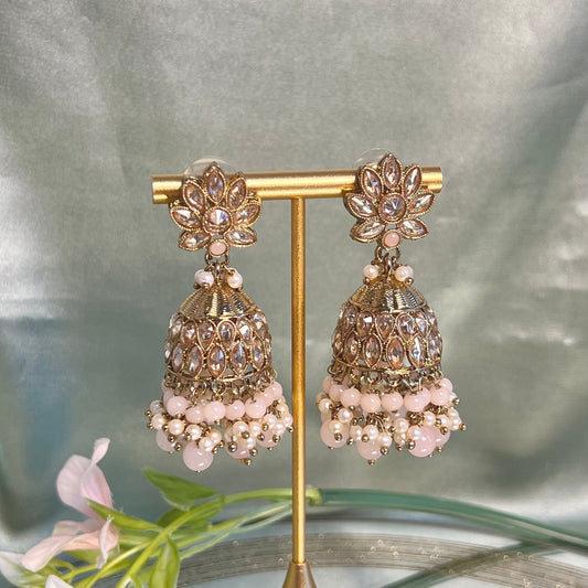 Medium Light Peach Crystal Indian Jhumka Earrings/Jhumkis/ Fashion Jewellery/ Gift for Women/Indian/Antique Gold Earrings/Valentines gifts