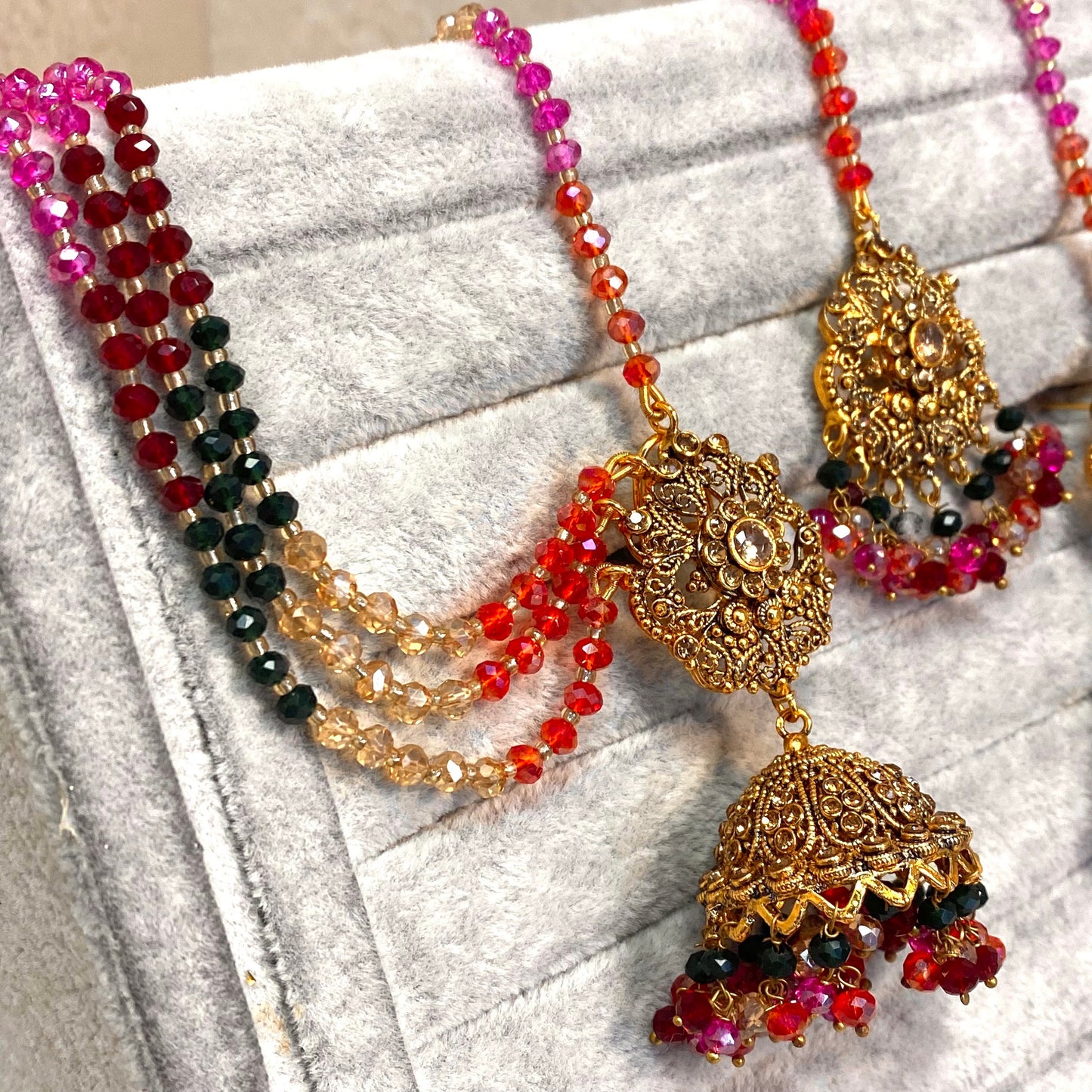 Gold Mendhi Multicolour Earrings and Tikka/Indian Mehendi Night Earrings/Fashion Jewellery/ Gift for Women/Indian/Pakistani style