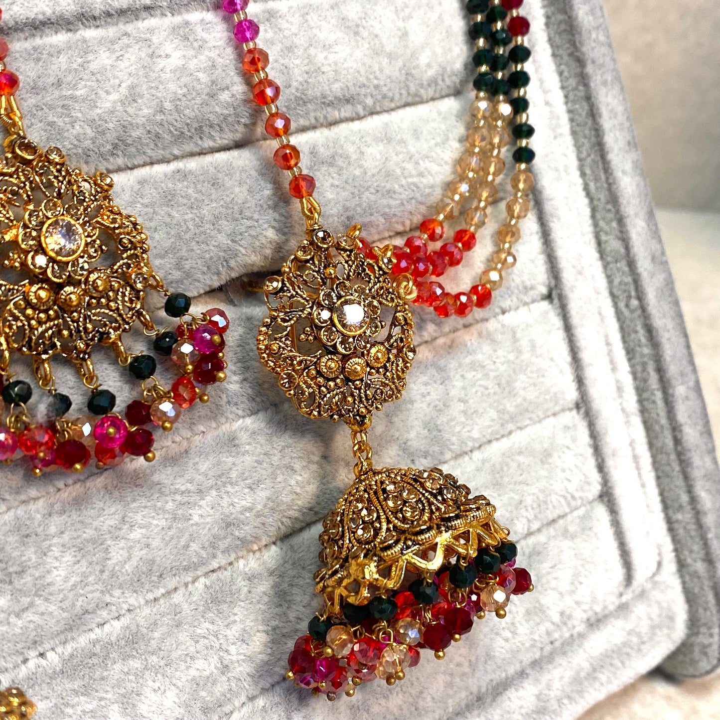 Gold Mendhi Multicolour Earrings and Tikka/Indian Mehendi Night Earrings/Fashion Jewellery/ Gift for Women/Indian/Pakistani style