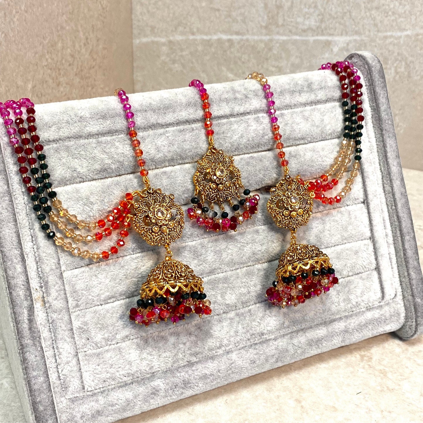 Gold Mendhi Multicolour Earrings and Tikka/Indian Mehendi Night Earrings/Fashion Jewellery/ Gift for Women/Indian/Pakistani style