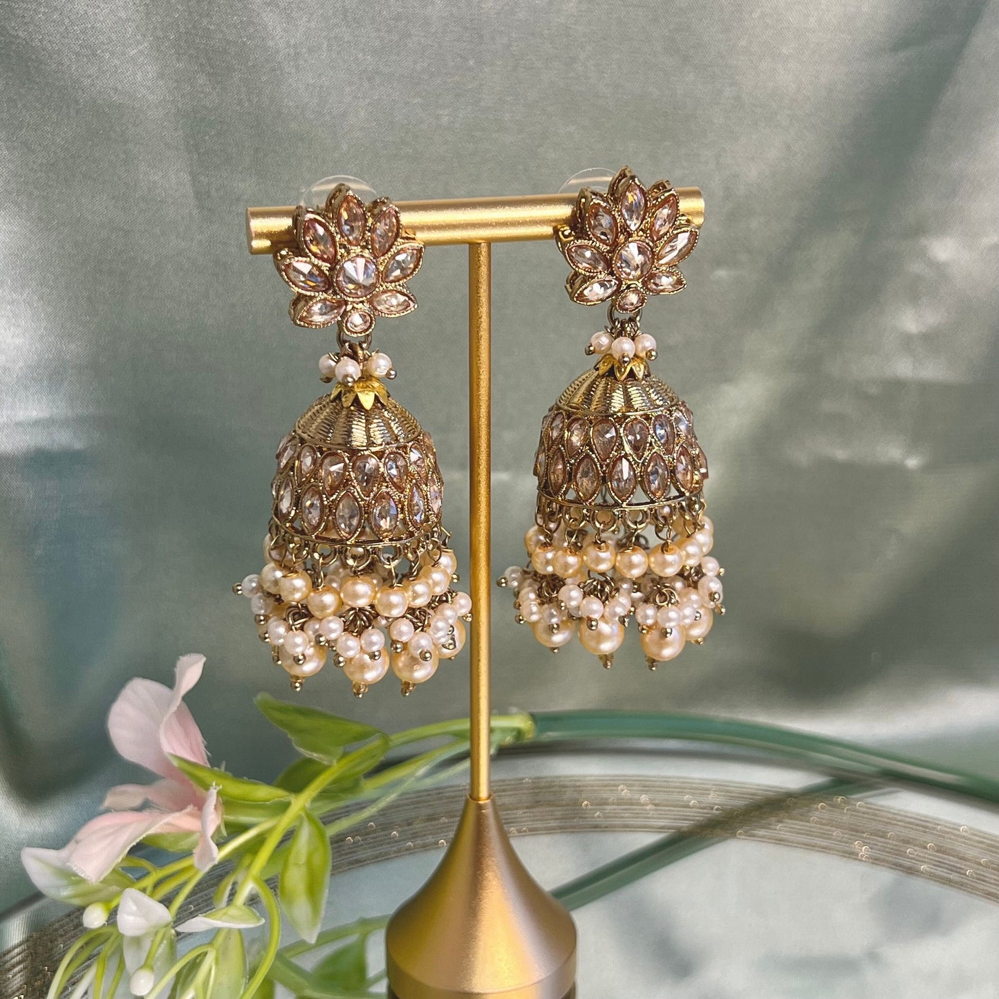 Medium Golden Crystal Indian Jhumka Earrings/Jhumkis/ Fashion Jewellery/ Gift for Women/Indian/Antique Gold Earrings/Valentines gifts