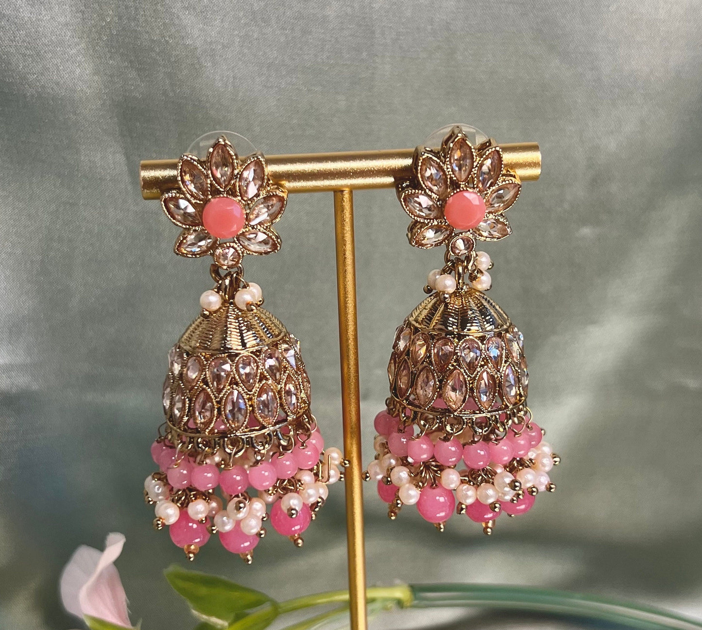 Medium Coral Crystal Indian Jhumka Earrings/Jhumkis/ Fashion Jewellery/ Gift for Women/Indian/Antique Gold Earrings/Valentines gifts