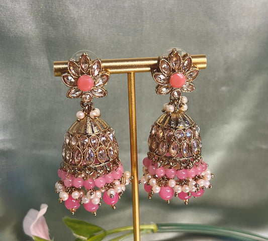 Medium Coral Crystal Indian Jhumka Earrings/Jhumkis/ Fashion Jewellery/ Gift for Women/Indian/Antique Gold Earrings/Valentines gifts