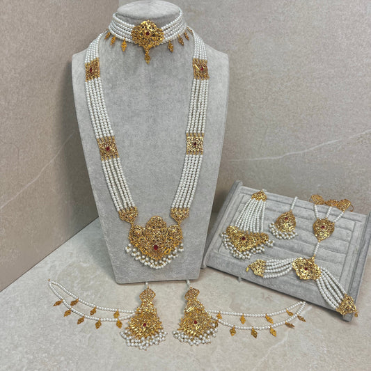 Gold Plated Pearl Bridal Choker Set- With Choker, Mala, Jhumka Earring, Tikka, Jhumar/ Indian/ Pakistani Style/ Maroon Detail (Imperfect)