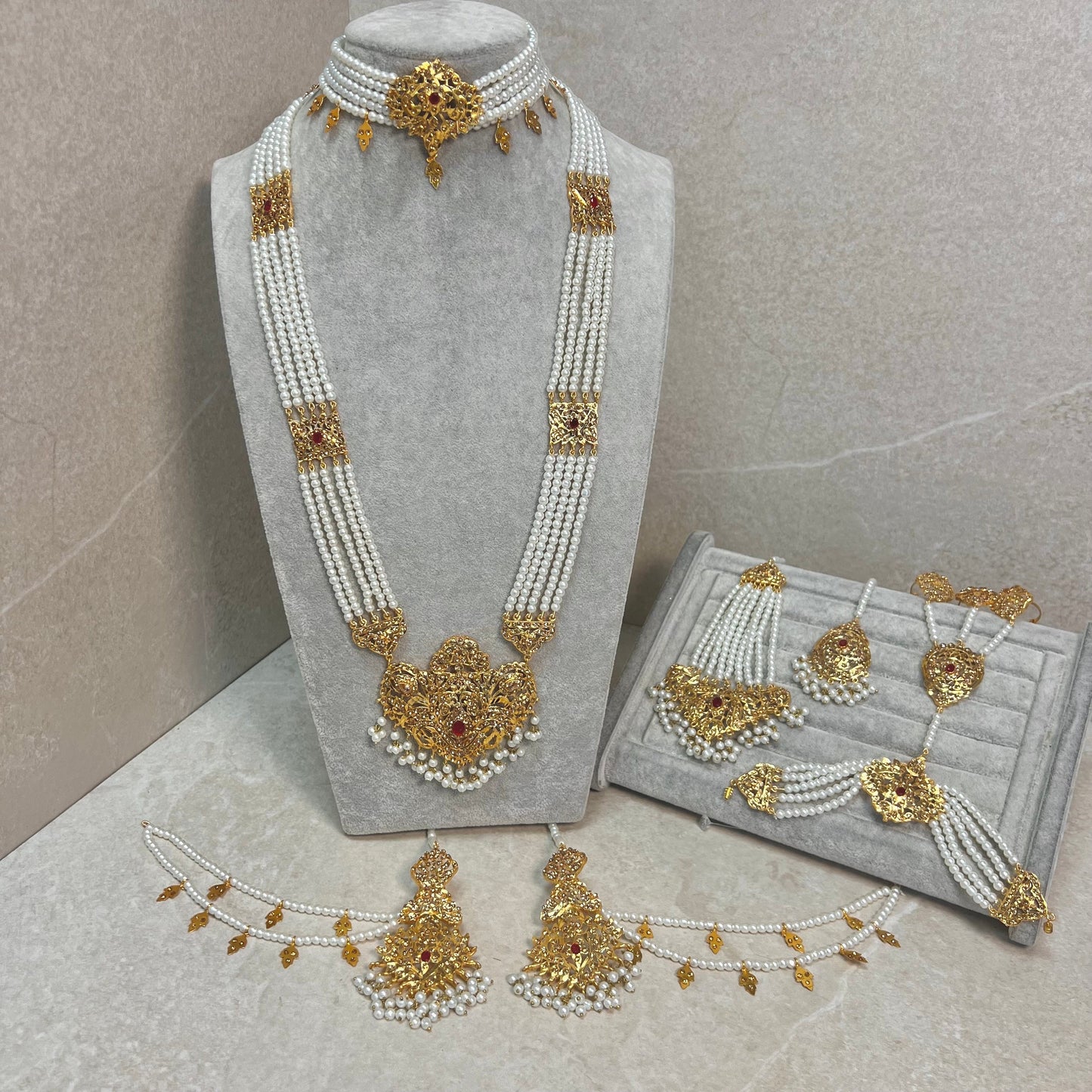 Gold Plated Pearl Bridal Choker Set- With Choker, Mala, Jhumka Earring, Tikka, Jhumar/ Indian/ Pakistani Style/ Maroon Detail (Imperfect)