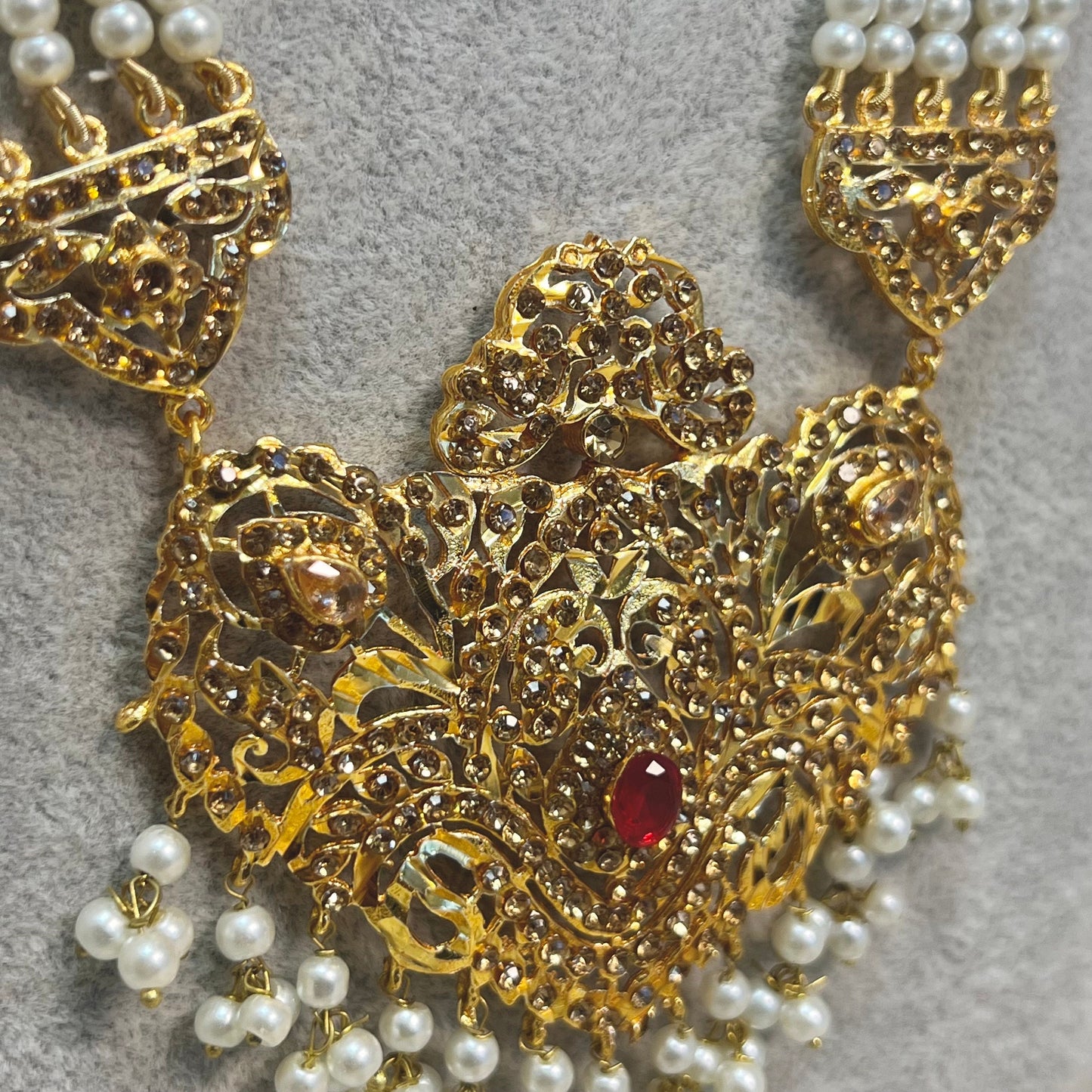 Gold Plated Pearl Bridal Choker Set- With Choker, Mala, Jhumka Earring, Tikka, Jhumar/ Indian/ Pakistani Style/ Maroon Detail (Imperfect)