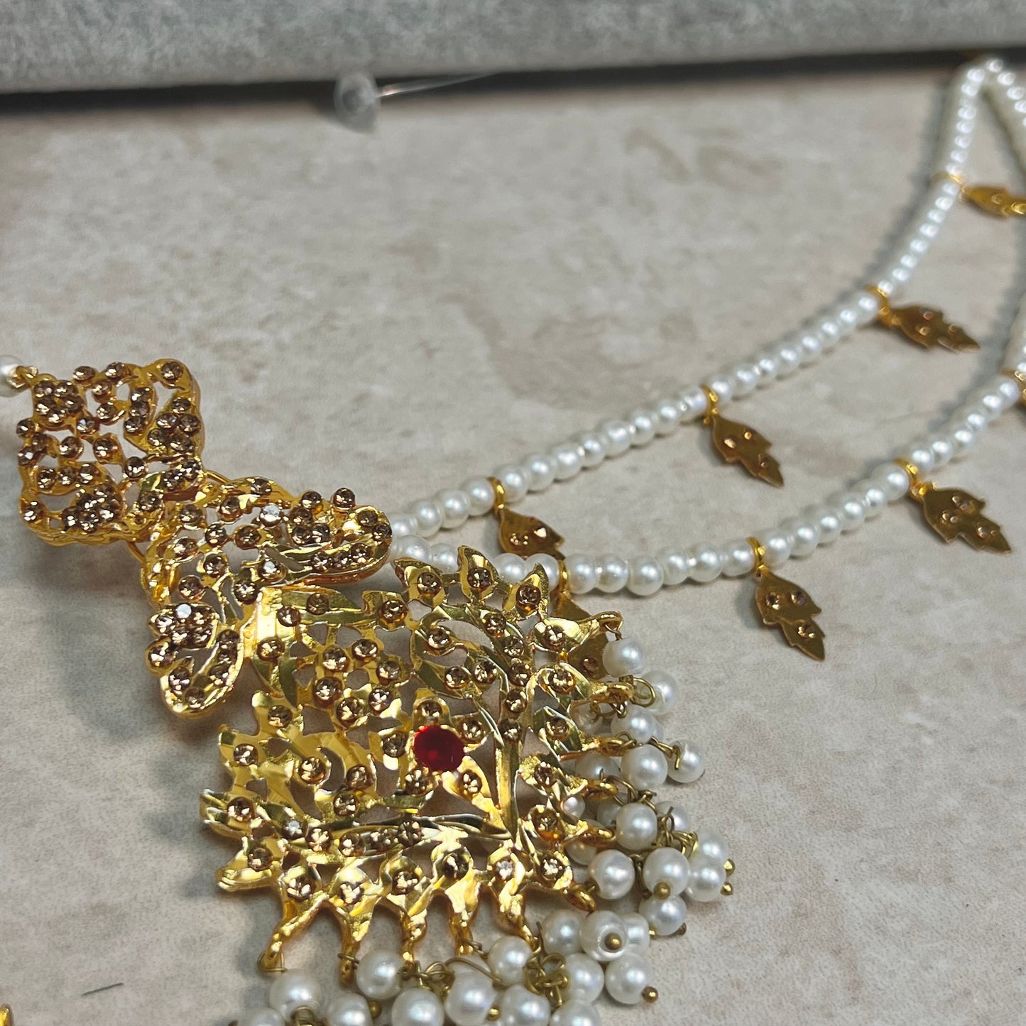 Gold Plated Pearl Bridal Choker Set- With Choker, Mala, Jhumka Earring, Tikka, Jhumar/ Indian/ Pakistani Style/ Maroon Detail (Imperfect)