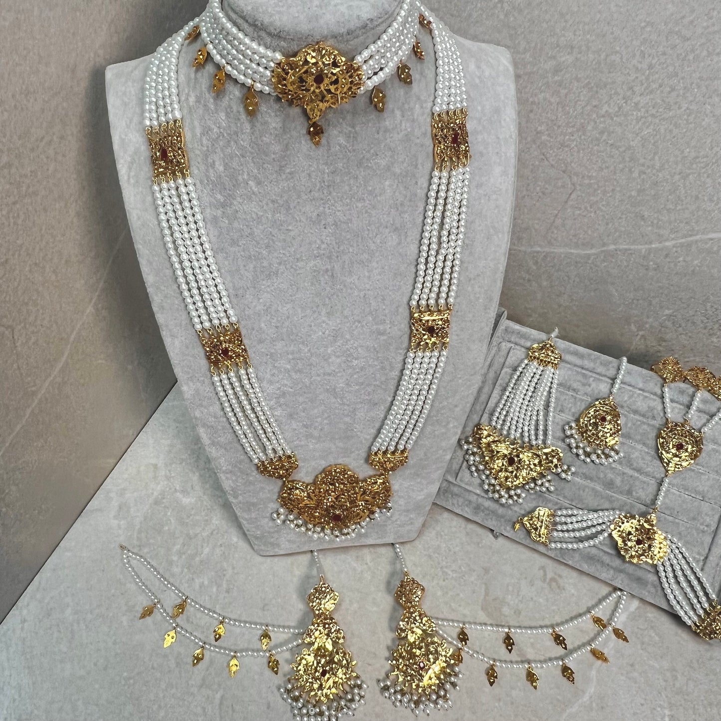 Gold Plated Pearl Bridal Choker Set- With Choker, Mala, Jhumka Earring, Tikka, Jhumar/ Indian/ Pakistani Style/ Maroon Detail (Imperfect)