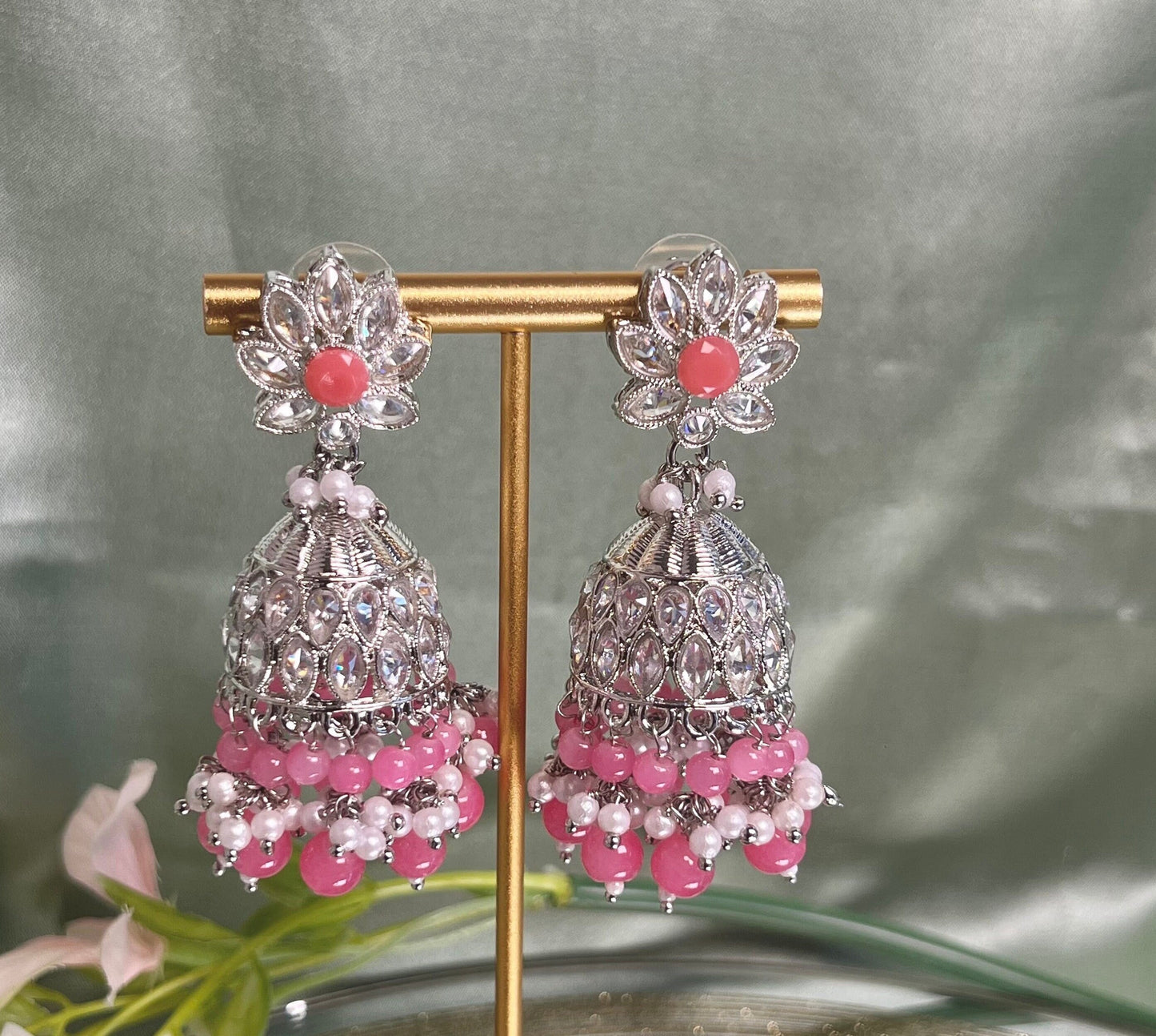 Medium Silver/Pink Crystal Indian Jhumka Earrings/Jhumkis/ Fashion Jewellery/ Gift for Women/Indian/Pakistani style/Valentines gifts