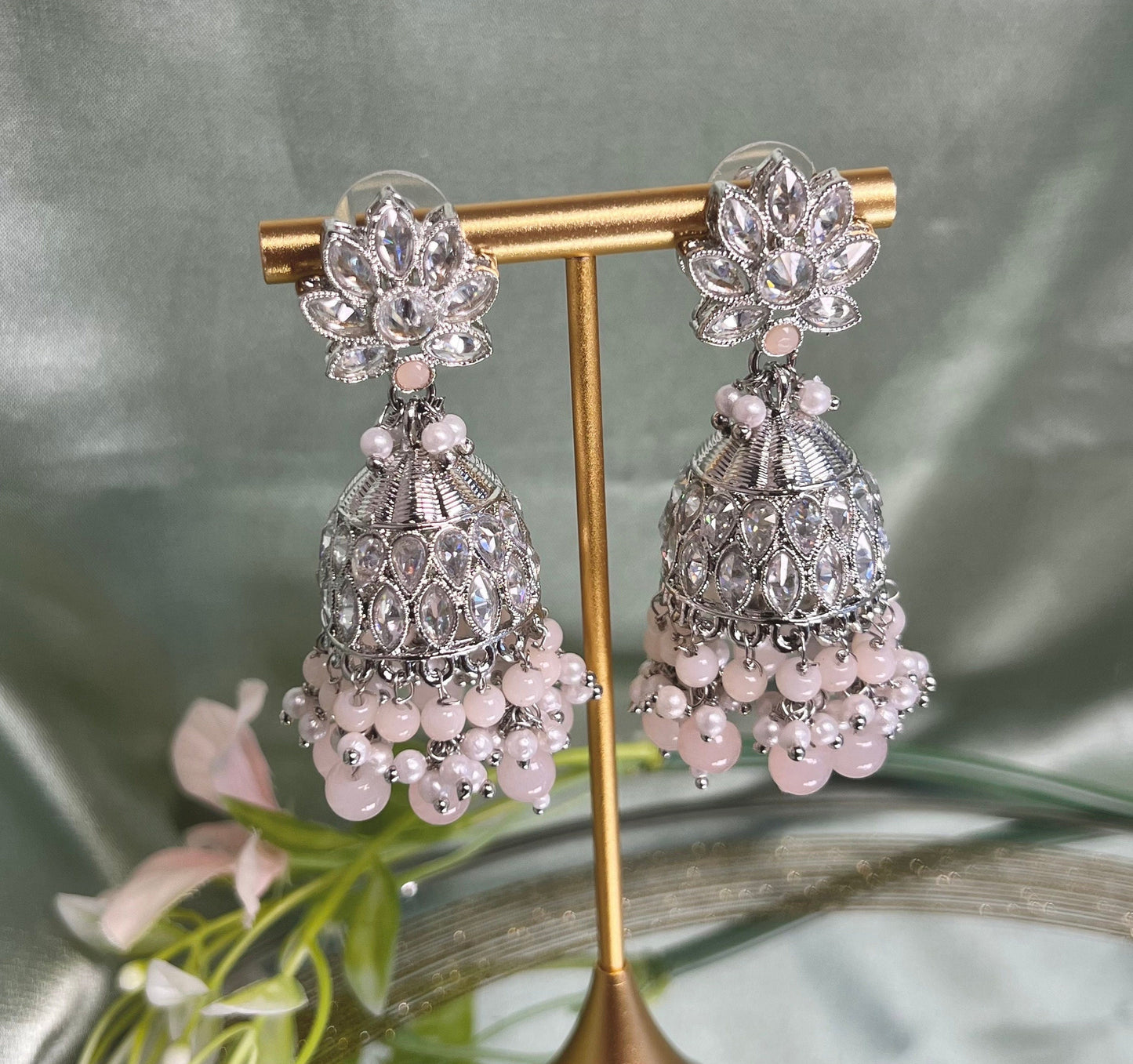 Medium Silver/Light Peach Crystal Indian Jhumka Earrings/Jhumkis/ Fashion Jewellery/ Gift for Women/Indian/Valentines gifts