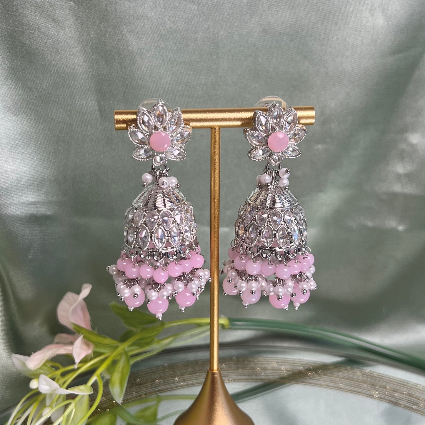 Medium Silver/Pink Crystal Indian Jhumka Earrings/Jhumkis/ Fashion Jewellery/ Gift for Women/Indian/Valentines gifts
