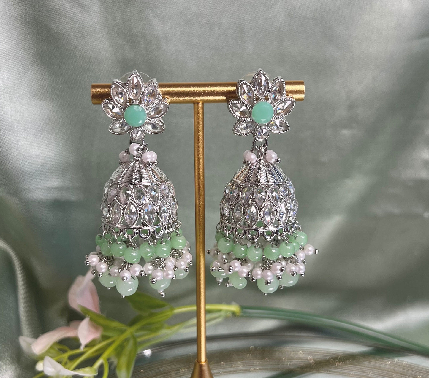 Medium Mint Crystal Indian Jhumka Earrings/Jhumkis/ Fashion Jewellery/ Gift for Women/Indian/Antique Gold Earrings/Valentines gifts